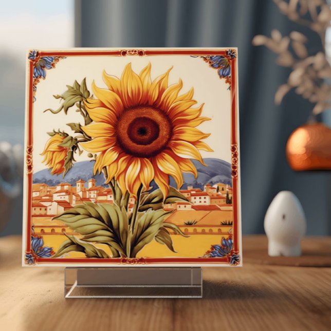 Mediterrana solrosblommor kakelplatta (Image depicts a ceramic tile with an illustration of a sunflower in a Mediterranean setting)