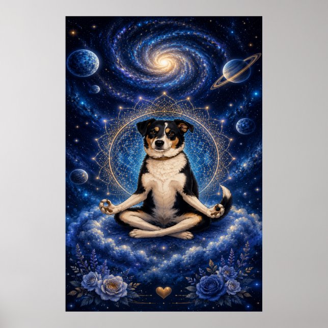 Mediterrande trefärgad hund Kosmisk Zen Yoga Manda Poster (Framsidan)