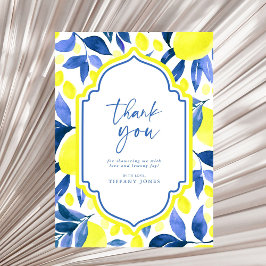 Mediterrane blå gula citroner bröllopsdusch tack kort