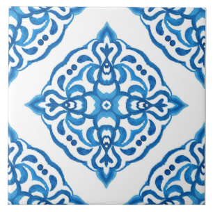Mediterranean Azulejo Blue White Damask Kakelplatta