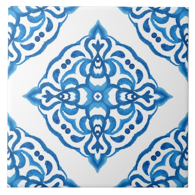 Mediterranean Azulejo Blue White Damask Kakelplatta (Framsidan)