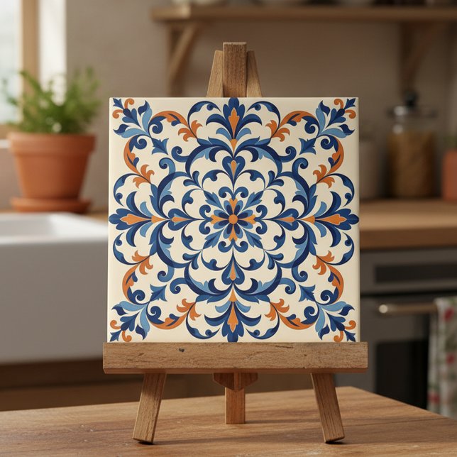 Mediterranean Azulejo Style Navy Blue and Orange Kakelplatta (Skapare uppladdad)