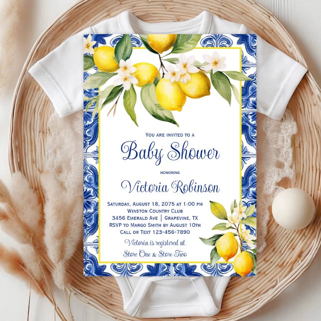 Mediterranean Azulejo Tile Lemon Baby Shower Inbjudningar (Beautiful blue tile and lemon baby shower invitation. )