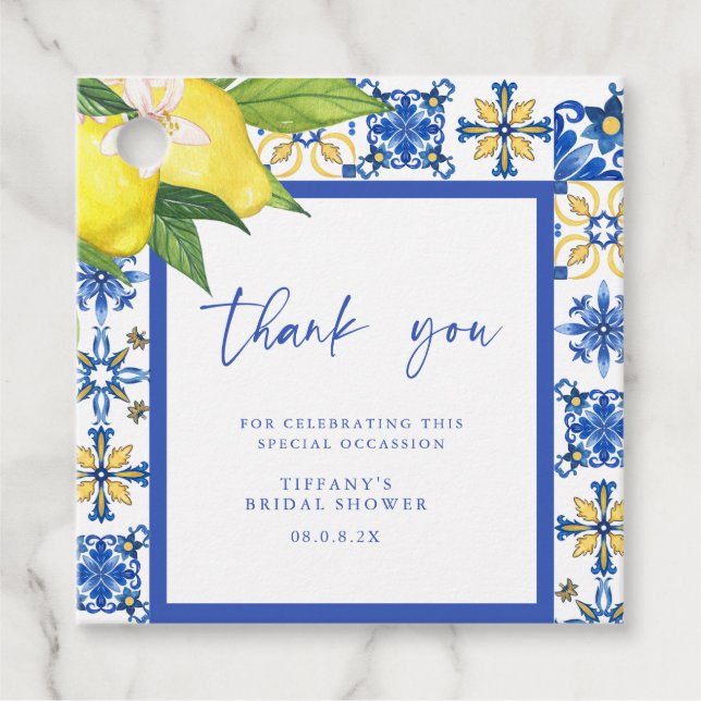 Mediterranean blåa plattor Citroner Bröllopsdusch Gåvor Etiketter (Framsida)