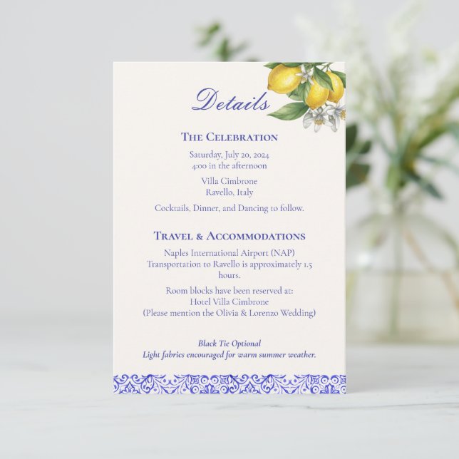 Mediterranean Blue & Lemon Branch Wedding Details  Tilläggskort (Stående Fram)
