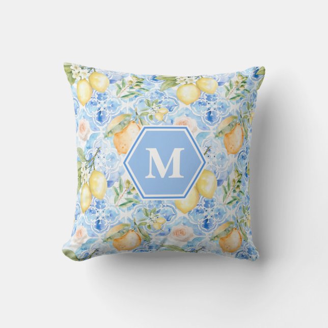 Mediterranean Blue Tile Limoncello Monogram Name Kudde (Framsida)