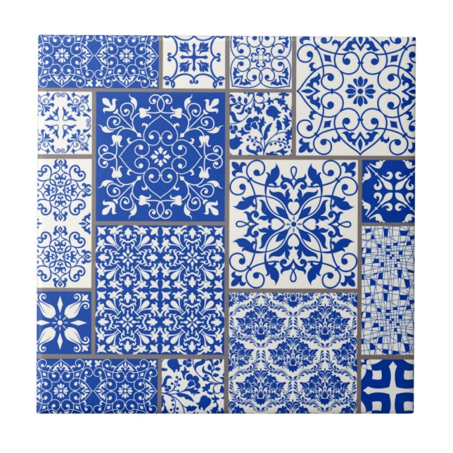 Mediterranean Blue & White Azulejo Majolica Mosaic Kakelplatta (Framsidan)