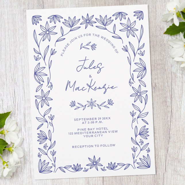 Mediterranean Blue Wildflower QR Code Wedding Inbjudningar (Mediterranean floral blue and white QR code wedding invitaiton)