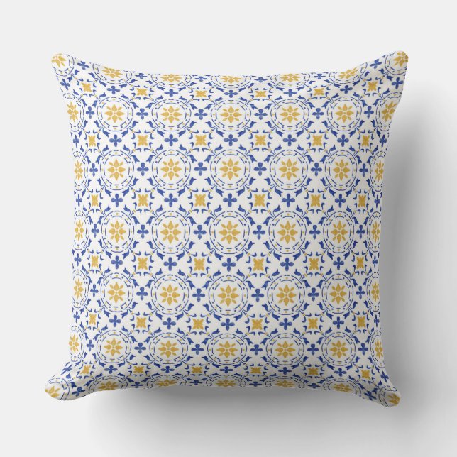 Mediterranean Blue & Yellow Tile Throw Pillow Kudde (Framsida)