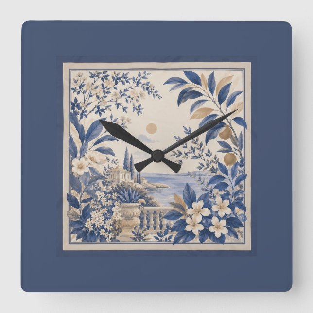 Mediterranean Botanical Wall Clock Fyrkantig Klocka (Framsida)