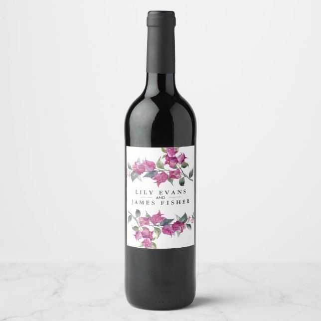 Mediterranean Bougainvillea Wedding Favor Vinflaska Etikett (Framsida)