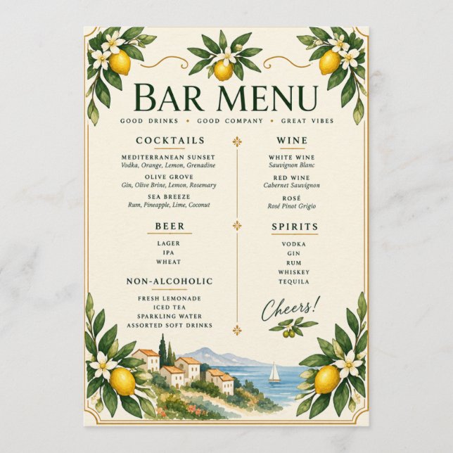 Mediterranean Citron Bröllops Bar Meny | Italiensk (Framsida)