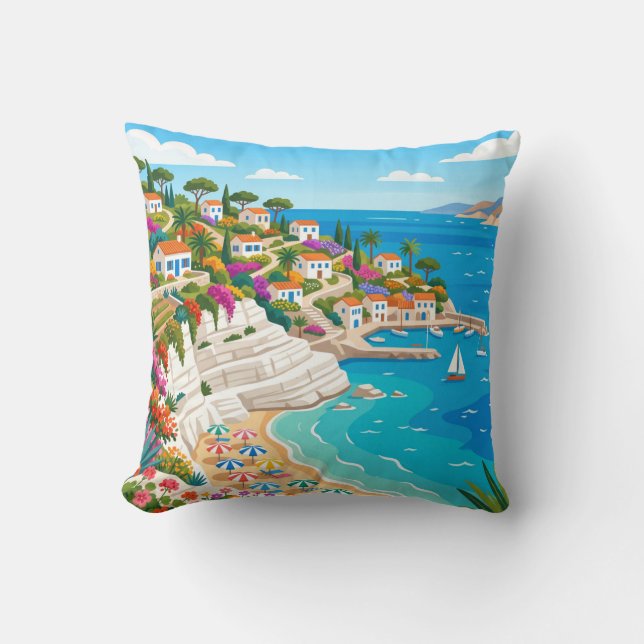 Mediterranean Coastal Village Beach Throw Pillow Kudde (Framsida)