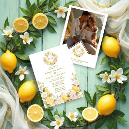 Mediterranean Flowers and Lemons Wedding Photo Inbjudningar