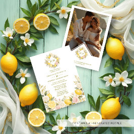 Mediterranean Flowers and Lemons Wedding Photo Inbjudningar