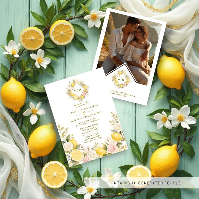 Mediterranean Flowers and Lemons Wedding Photo Inbjudningar (Mediterranean Flowers and Lemons Wedding Initials Invitations Cards with Back Photo.)