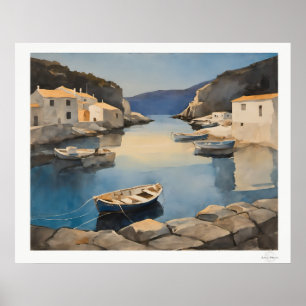 Mediterranean hamnduk, fiskebåtar kust poster