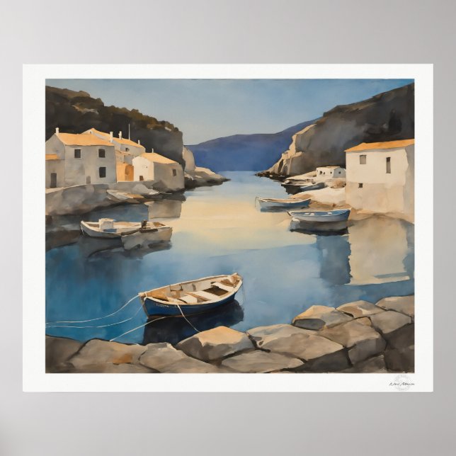 Mediterranean hamnduk, fiskebåtar kust poster (Framsidan)