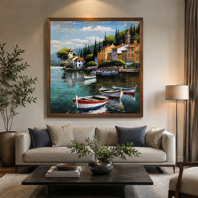 Mediterranean Harbor Serenity Canvastryck (“A serene waterfront masterpiece that brings color, calm, and Mediterranean charm to any space.”)