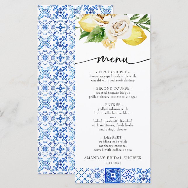Mediterranean Italy Floral Lemon Bridal Shower Meny (Fram/baksida)