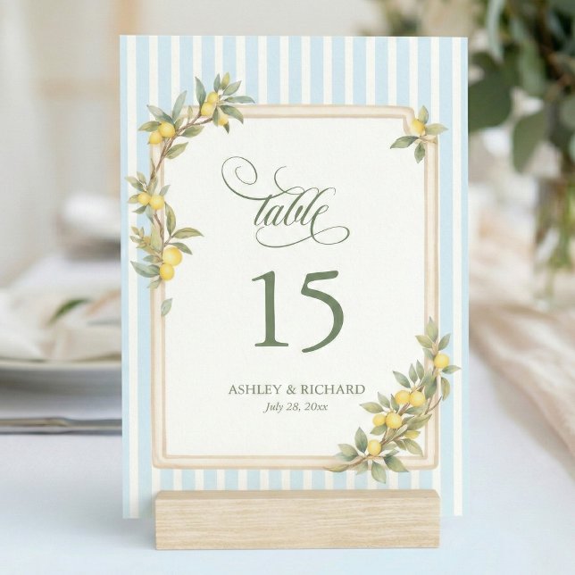 Mediterranean Lemon Coastal Stripe Wedding Bordsnummer (elegant personalized mediterranean lemon coastal blue stripe table number with script calligraphy)