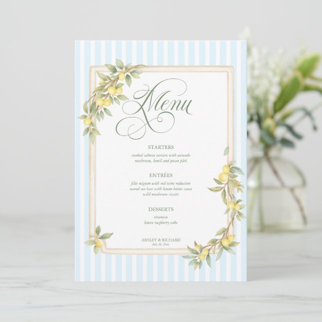 Mediterranean Lemon Coastal Stripe Wedding Meny (Stående Fram)
