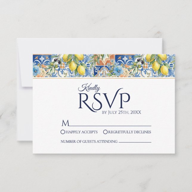 Mediterranean Lemon Tile Blue Wedding RSVP Cards OSA Kort (Framsida)