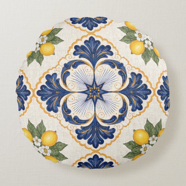 Mediterranean Lemon Tile Italian Talavera Rund Kudde (Framsidan)