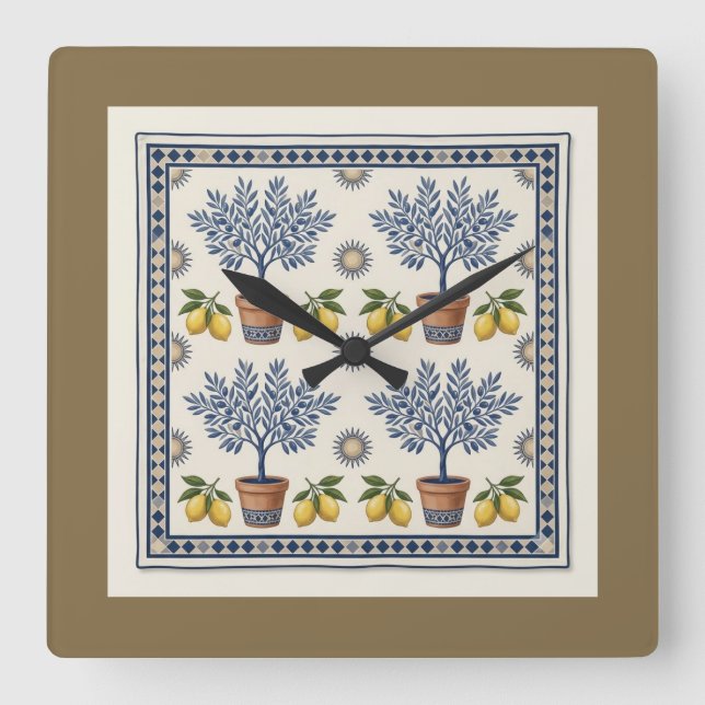 Mediterranean Lemon Tree Square Wall Clock Fyrkantig Klocka (Framsida)