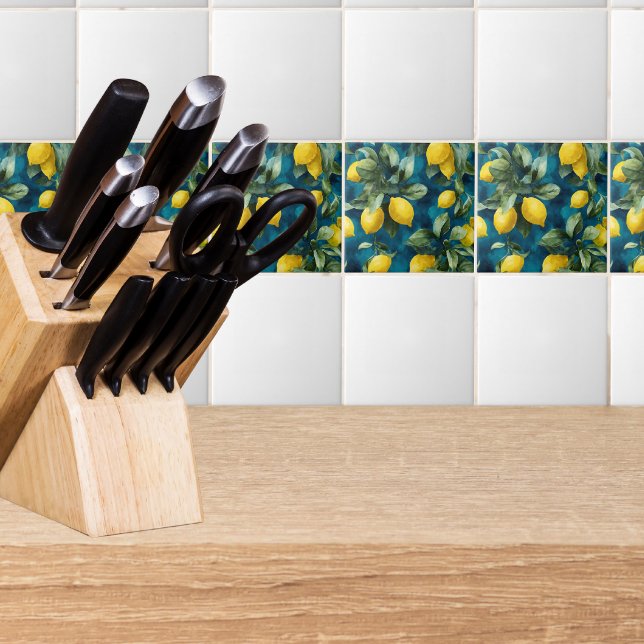 Mediterranean Lemon Watercolor Blue Yellow Pattern Kakelplatta (Skapare uppladdad)