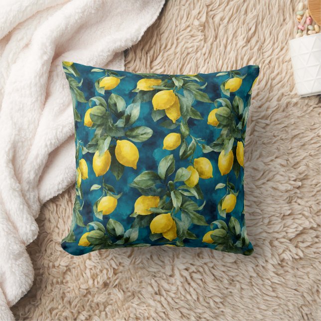 Mediterranean Lemon Watercolor Blue Yellow Pattern Kudde (Filt)