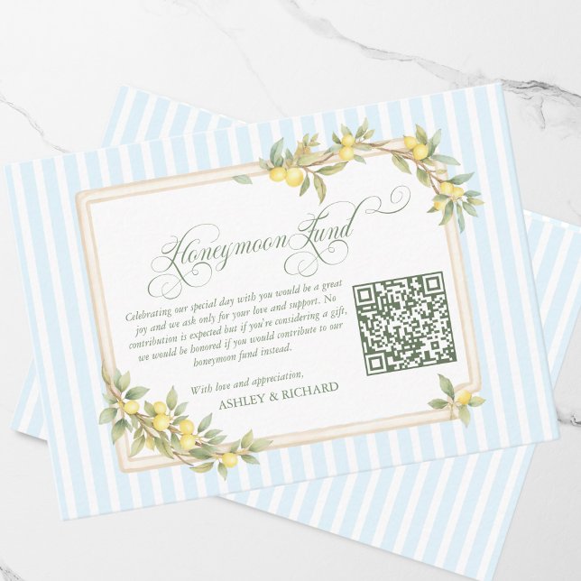 Mediterranean Lemon Wedding Honeymoon Fund QR Code Tilläggskort (elegant coastal mediterranean lemon honeymoon fund QR code wedding invitation enclosure cards)