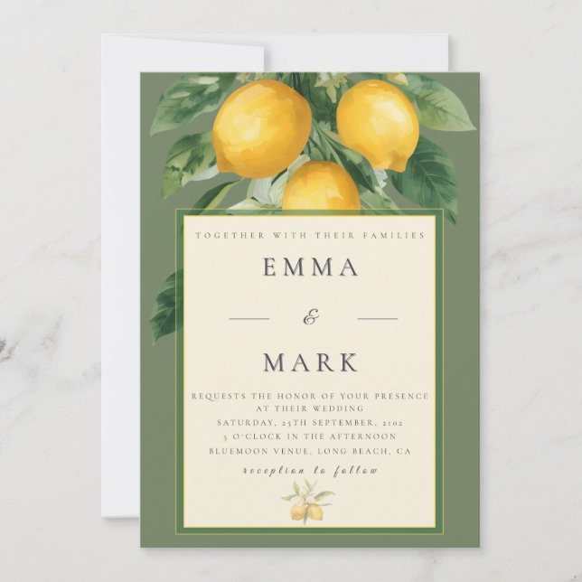 Mediterranean Lemon with QR Code | Olive Green Inbjudningar (Framsida)