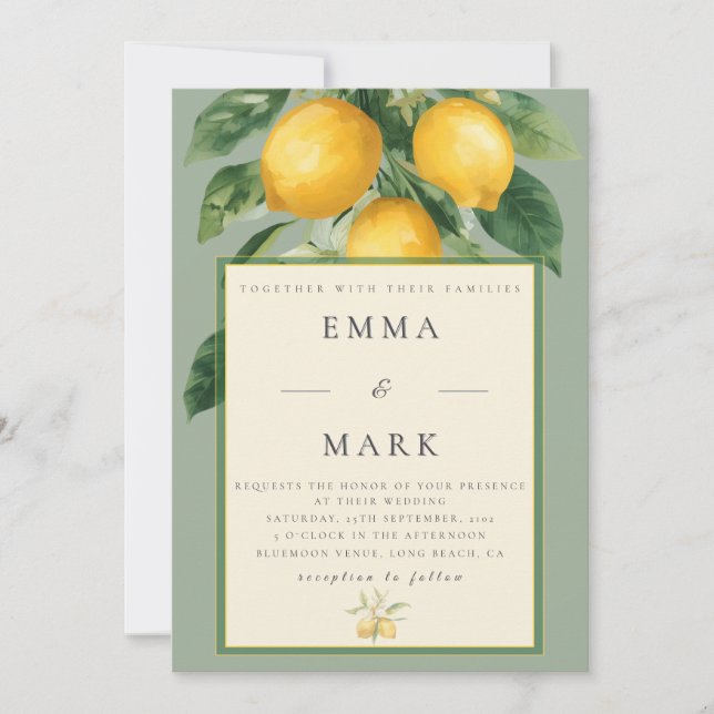 Mediterranean Lemon with QR Code | Soft Sage Green Inbjudningar (Framsida)