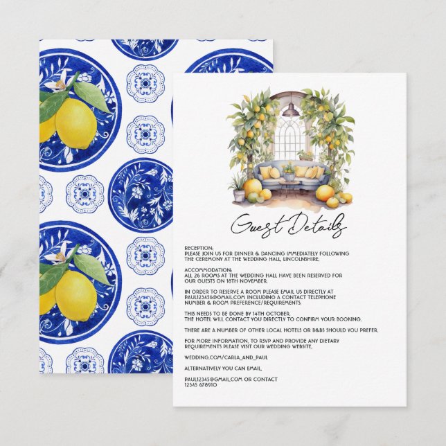 Mediterranean Lemondesignt Bröllsgästinformation Tilläggskort (Fram/baksida)