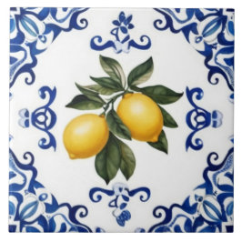 Mediterranean Lemons with Blue and White Border Kakelplatta