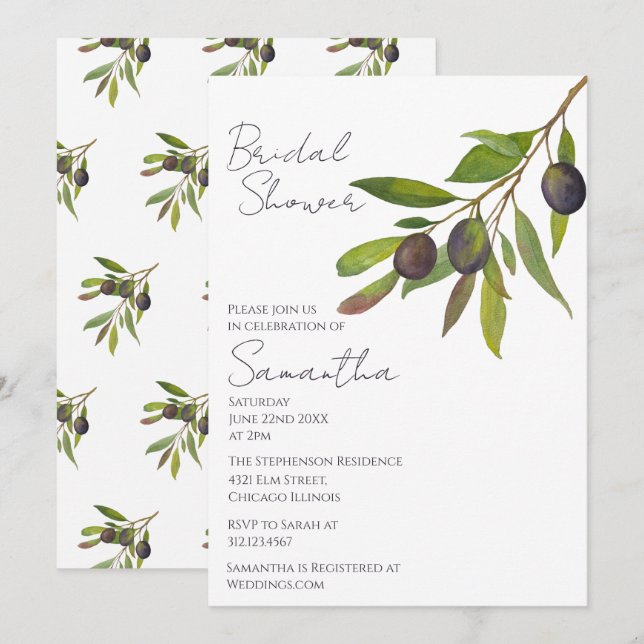 Mediterranean Minimal Olive Branch Bridal Shower   Inbjudningar (Fram/baksida)