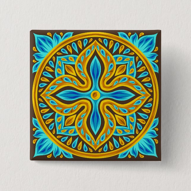 Mediterranean Moroccan Tile Pattern Blue and Gold Knapp (Framsida)