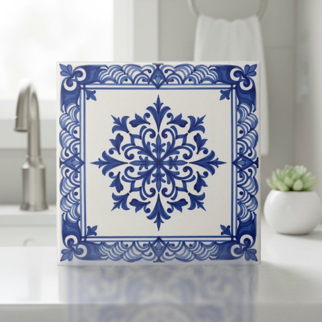Mediterranean Pattern Pat#10 Blue Ivory ID1195 Kakelplatta (Skapare uppladdad)