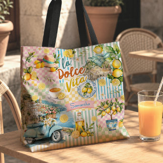 Mediterranean pink Turquoise Citrus Collage Tygkasse