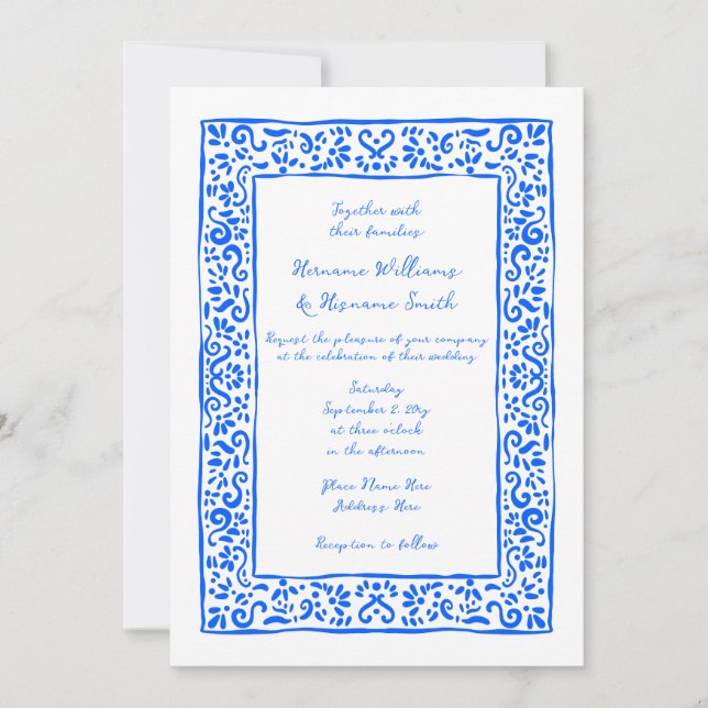 Mediterranean RSVP QR Hand Drawn Blue Wedding Inbjudningar (Framsida)