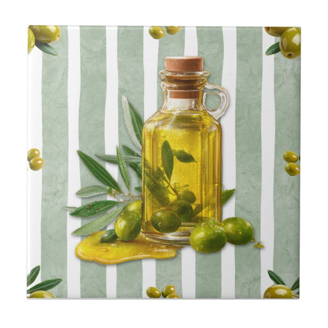 Mediterranean Sage Green Stripe Pattern Olive Oil Kakelplatta (Framsidan)