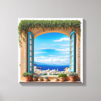 Mediterranean Sea View Window | Aegean Island Town Canvastryck