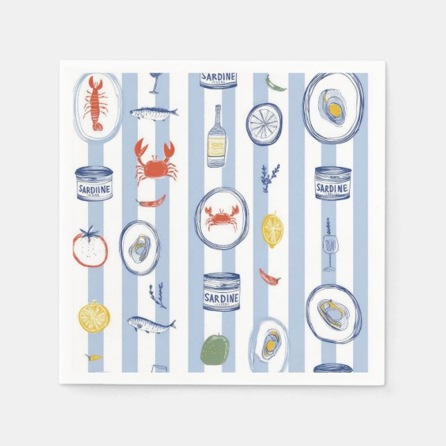Mediterranean Seafood Sardine Blue Stripe Pattern Pappersservett (Framsidan)