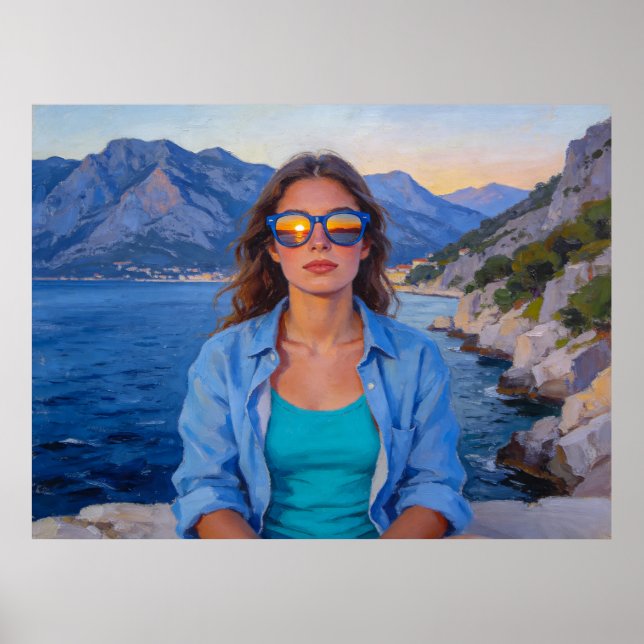 Mediterranean Solnedgångsreflektioner – Modern kus Poster (Framsidan)