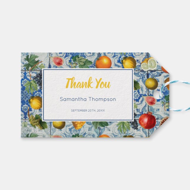 Mediterranean Summer Fruit Blue Mosaic Presentetikett (Framsidan (Horisontell))