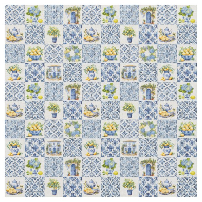 Mediterranean Summer Lemon Mönster Tyg (Närbild)