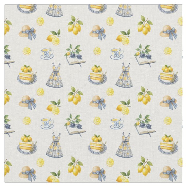 Mediterranean Summer Lemon Mönster Tyg (Närbild)