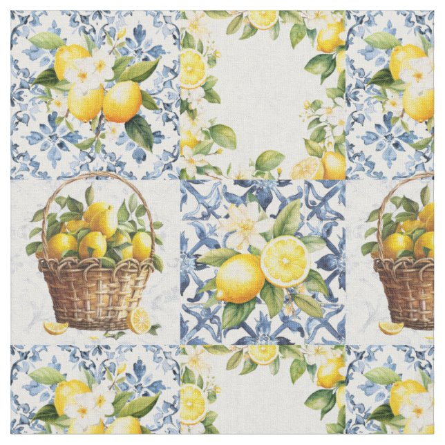 Mediterranean Summer Lemon Mönster Tyg (Närbild)