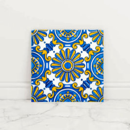 Mediterranean Sunburst Blue and Gold Floral Mosaic Kakelplatta